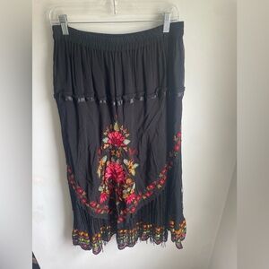 Anii Vintage Embroidered Boho Tassel Floral Spanish Midi Skirt 1X Colorful